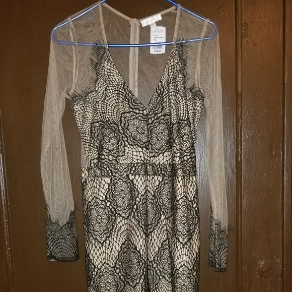 A'GACI black lace cream mesh long sleeve dress new with tags large - Picture 6 of 6